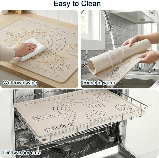 Silicone Pastry Mat 28" x 20" Extra Thick Silicone Baking Mat with Measurements and Edge Heightening Non-stick Food Grade Dough Rolling Mat Kneading Sheet for Pastry, Bread, Cookies (Beige)
