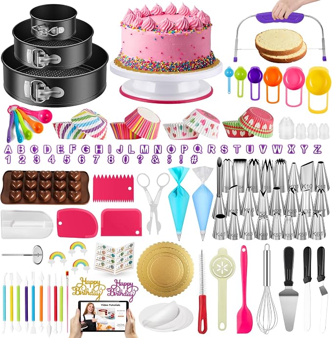 Kootek 700 Cake Decorating Kit Baking Supplies Tools for Beginners & Pros | Complete Kit, Fondant Tools, Cake Stand Turntable for Decorating, Piping Bags and Tips Set, Cake Leveler, Pattern Chart