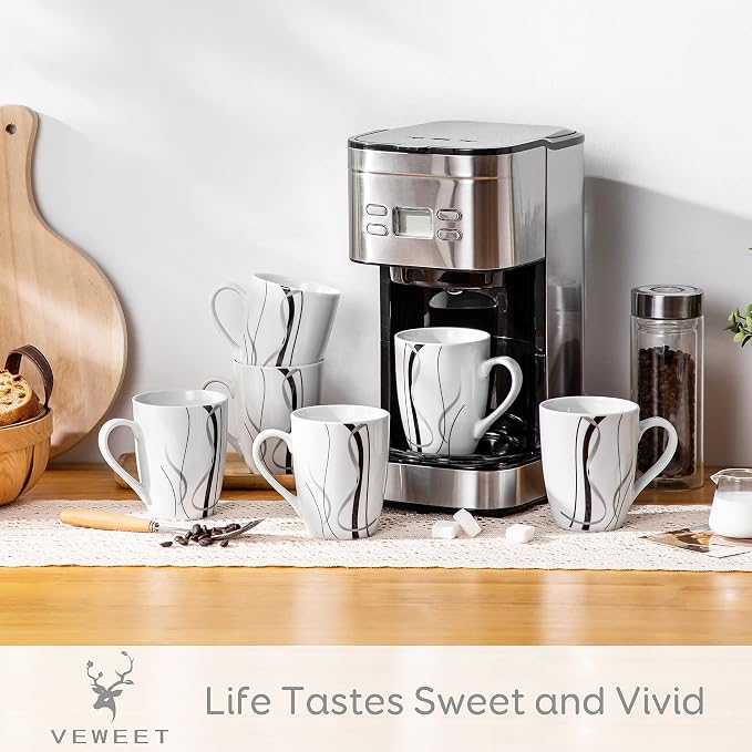 VEWEET Coffee Mugs Set of 6, 11 OZ White Ceramic Mugs, Fiona | White Ceramic Coffee Mugs Set of 6, 11 OZ for Tea, Microwave and Dishwasher Safe, FIONA Series for Kitchen, Office