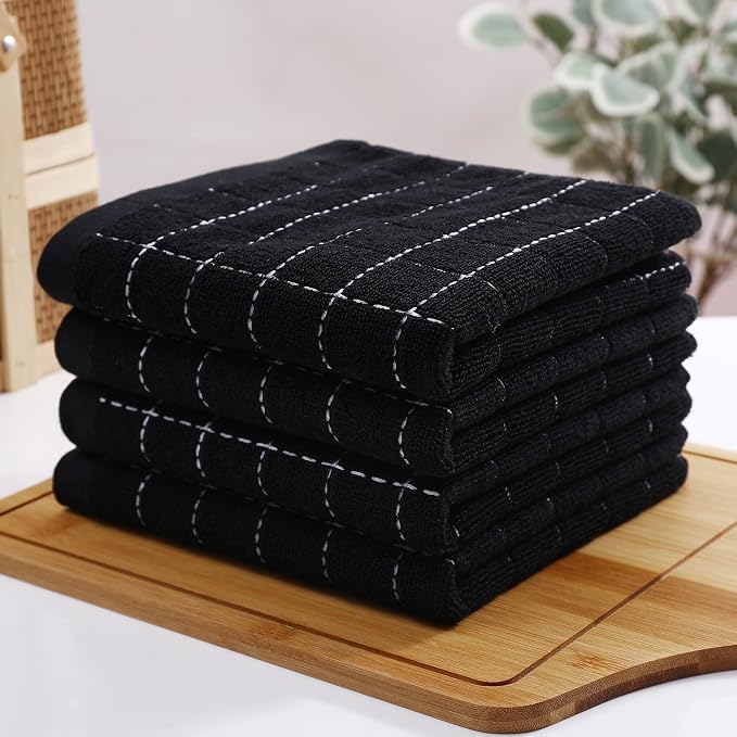 Homaxy 100% Cotton Terry Kitchen Towels, 4 Pack, Black | Ultra Soft and Absorbent Dish Towels for Kitchen, Suitable for Drying and Washing Dishes