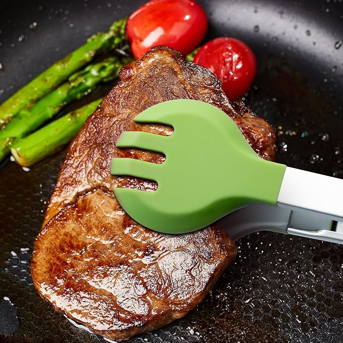 12 Inch Cooking Tongs, Stainless Steel Kitchen Tongs with Silicone Tips | 2-in-1 Design with 0.5oz Measure Spoon | for Cooking, Grilling, BBQ, Salad, Buffet, Serving | 12", Green