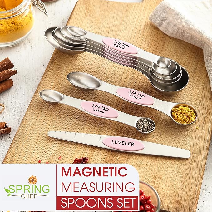 Spring Chef Stainless Steel 8 Magnetic Measuring Spoons Set, Pink Lemonade | Dual Sided Metal Teaspoon & Tablespoon Measuring Spoons with Leveler for Dry & Liquid Ingredients, Fits in Kitchen Spice Jars