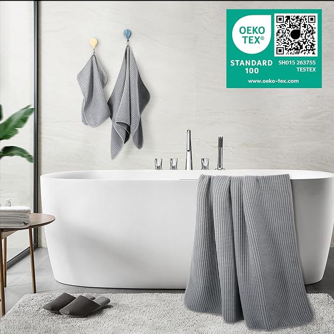 POLYTE 430 GSM Poly Blend Microfiber Quick Dry Waffle Bath Towel Set of 6 | 2-Body Towels, 2-Hand Towels, 2-Wash cloths, Oversize, Lint Free