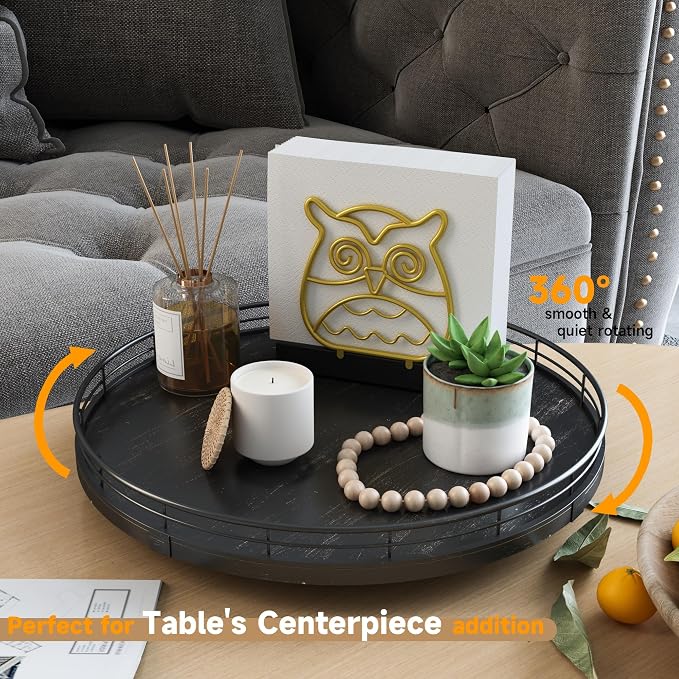 AMH 13-Inch Oak Lazy Susan Vanity Tray with Black Brushed Gold Finish Rail | Smooth rotating oak tray with walnut finish for dining tables, kitchen counters, pantries and cabinet storage.