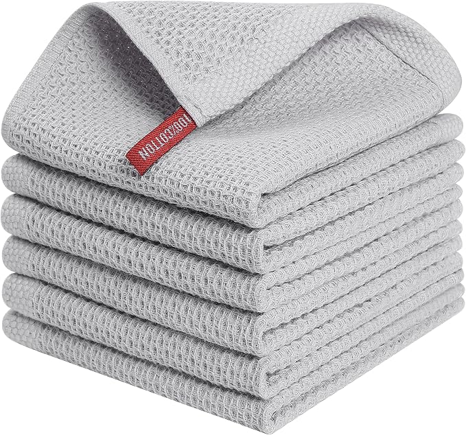 Kitinjoy 100% Cotton Waffle 6-Pack Kitchen Towels, 12" x 12", Light Grey | Ultra Absorbent, Super Soft, lightweight, Quick Drying Dish Rags for Washing Dishes
