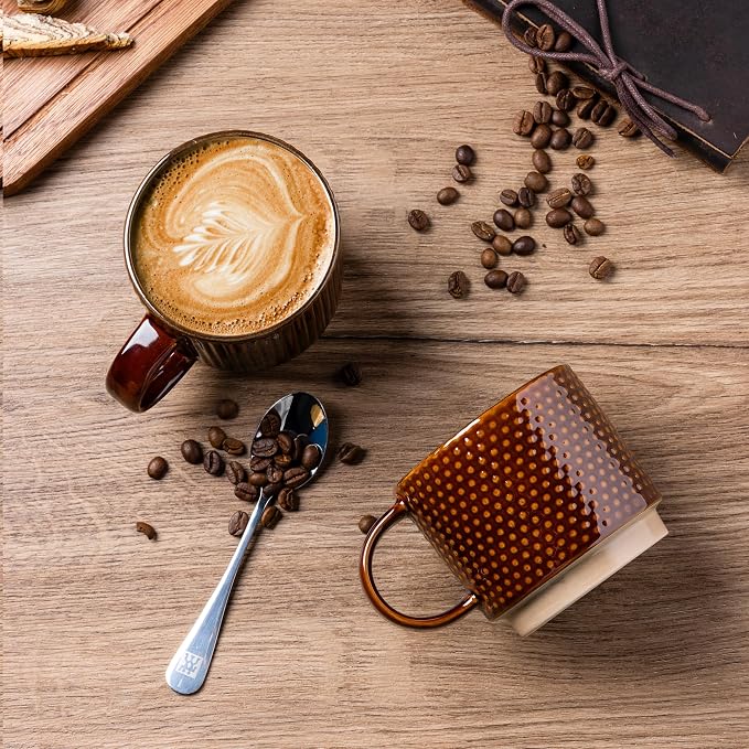 GBhome 12 OZ Stackable Coffee Mugs Set of 4, Ceramic Coffee Cups Set | 4 Assorted Designs, Embossed Mugs with Texture Patterns for Tea/Coffee, Dishwasher&Microwave Safe, Caramel