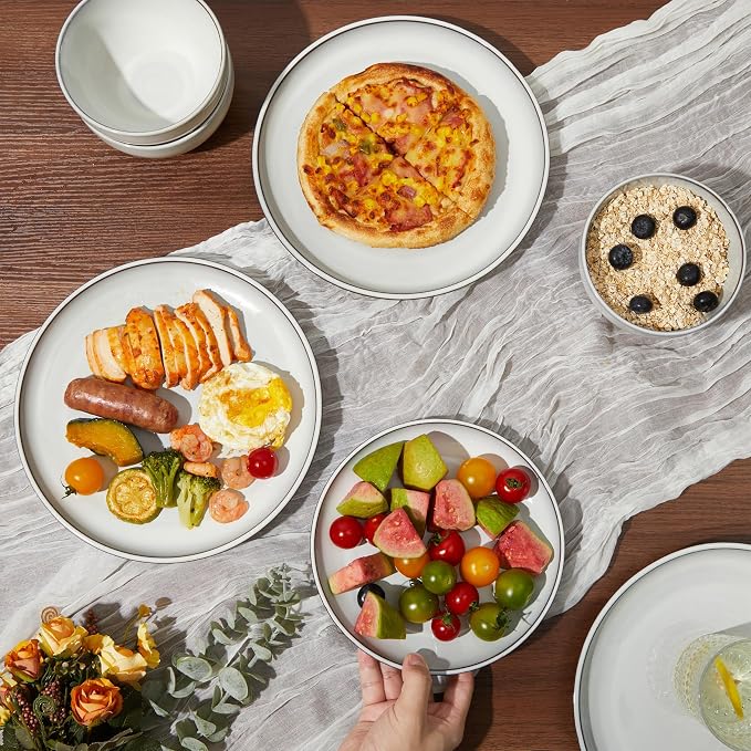 12 piece Santorini Mist Terracotta Reactive Glaze Plates and Bowls Sets, Stoneware Dinnerware Sets, Microwave and Dishwasher Safe Ceramic Dish Set Service for 4, Moonstone White