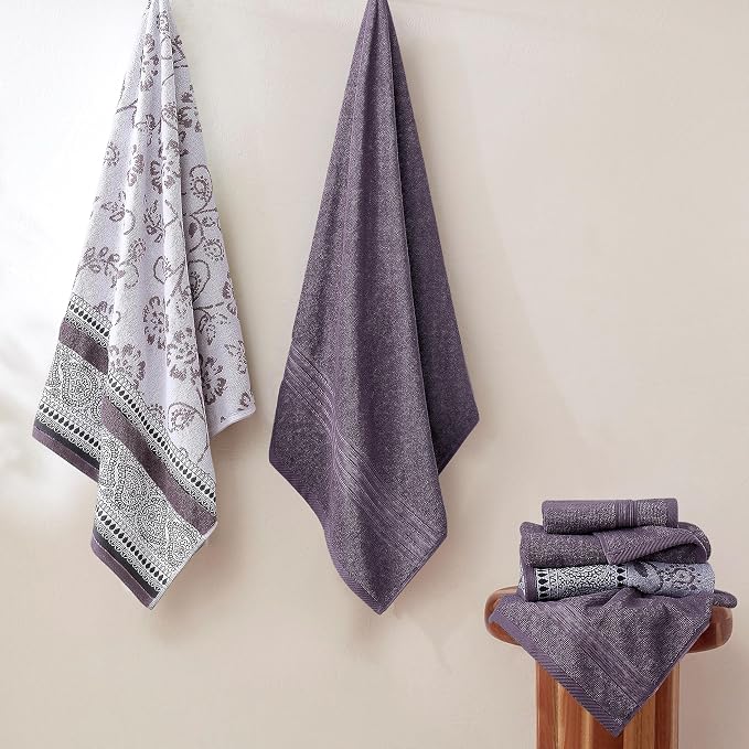 Modern Threads 6 Piece Bath Towel Set – Bathroom Set with 2 Bath Towels, 2 Hand Towels, and 2 Wash Cloths – 100% Cotton, Super Absorbent & Extra Soft – Reversible Floral Trail (Purple)