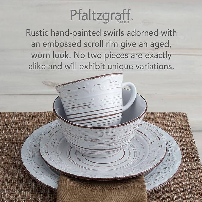 Pfaltzgraff Trellis White 16-Piece Stoneware Dinnerware Set, Service for 4, Distressed White Finish, Microwave & Dishwasher Safe Plates and Bowls