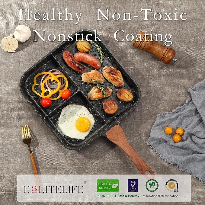 ESLITE LIFE Nonstick Divided Grill Pan for Stove Tops, 11 Inch Versatile 3-In-1 Breakfast Pan, Square Big Grilling Steak Pan for Indoor & Outdoor Cooking, PTFE & PFOA Free, Black