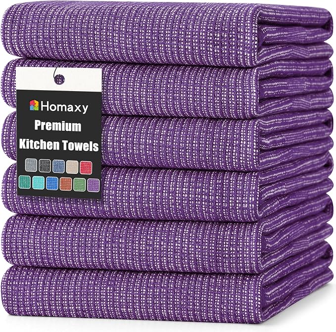Homaxy 380 GSM Cotton Premium Kitchen Towels 6 Pack, 18"x 28", Purple | Flat and Terry Dish Towels, Highly Absorbent Tea Towel Set with Hanging Loop, Soft Utility Kitchen Hand Towels