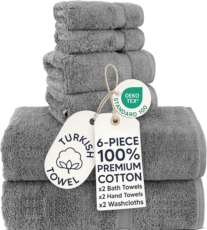 Chakir Turkish Linens 100% Cotton 6-Piece Towel Set, Gray | 100% cotton 6-pc set, OEKO-TEX certified: 2 bath 30x60, 2 hand 16x30, 2 washcloths 13x13