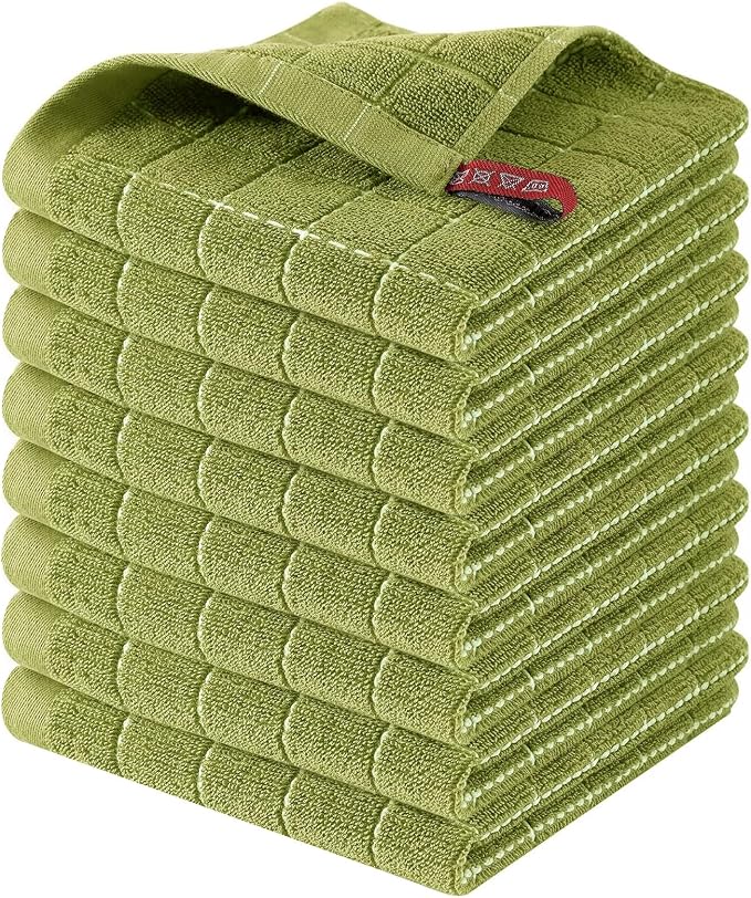 Homaxy 100% Cotton Terry Kitchen Dish Cloths, 8 Pack, Olive Green | Ultra Soft and Absorbent, Suitable for Drying and Washing Dishes