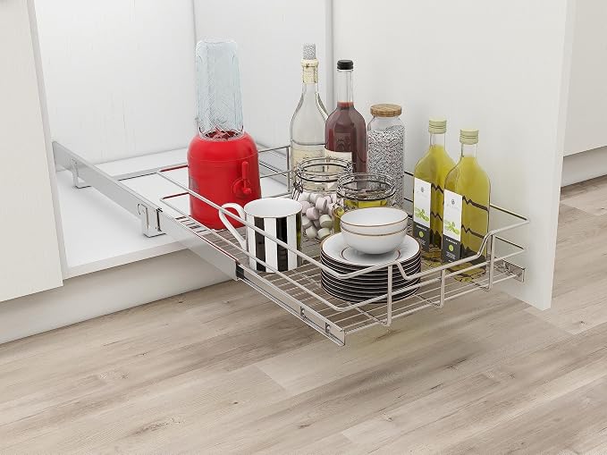 Pull Out Cabinet Organizer 15" W X 17" D, Chromed, Full Slide Out Drawers | For Kitchen Organizers and Storage, Pull Out Drawers For Cabinets Capacity Heavy Duty Caddy, Cabinet Shelves, Bathroom Pantry