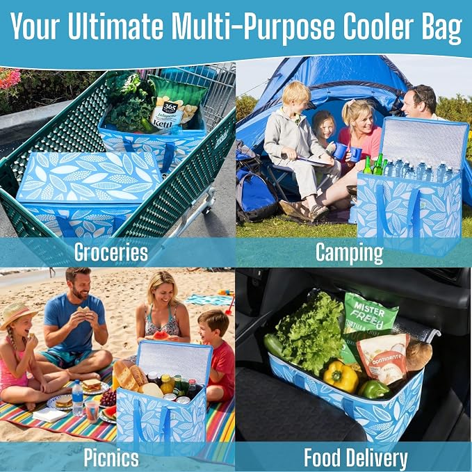 VENO 3 Pack Insulated Cooler Bag Reusable Grocery Bag for Food Delivery | Heavy Duty Large Collapsible Cooler Shopping Tote w/ Zippers, Foldable, Stands Upright for Camping (Spring Breeze, 3 Pack)
