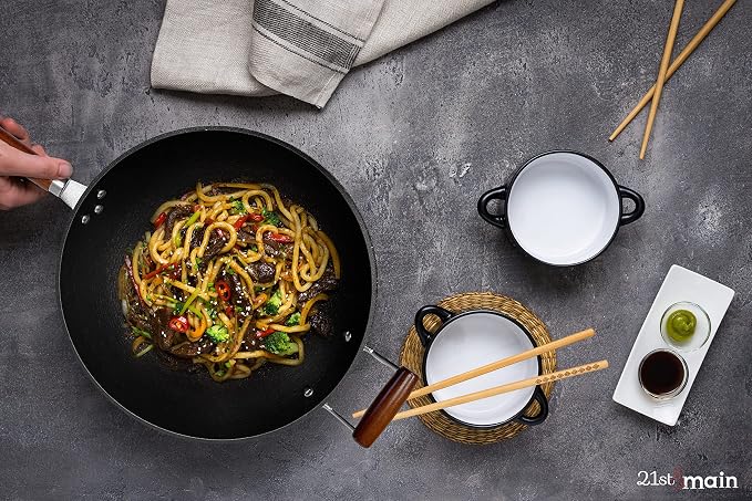 21st & Main Light weight Cast Iron Wok, Stir Fry Pan, Wooden Handle, 14 Inch, chef’s pan, pre-seasoned nonstick, commercial and household, for Chinese Japanese and others Cooking