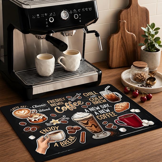 Coffee Stove Top Cover 28.3 x 20.5 Inch, Vintage Coffee Cup Glass Cooktop Protector Mat, Latte and Cold Brew Electric Range Cover for Kitchen Counter Coffee Bar Decor(Classic snacks)