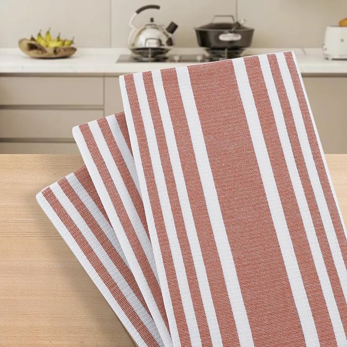 Homaxy Premium Cotton Stripe Kitchen Towels 8 Pack, 18"x 28", Rust | Large 380 GSM Kitchen Hand Towels, Soft Terry Dish Towels, Highly Absorbent Tea Towel Set with Hanging Loop