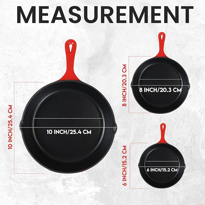Utopia Kitchen Cast Iron Skillet Set 3 Piece 6 8 10 Inch PFAS-Free Red | Chef Pan, Even Heat Distribution, Stovetop, Campfire and Grill Safe, Large Skillet Set, Indoor Outdoor Use