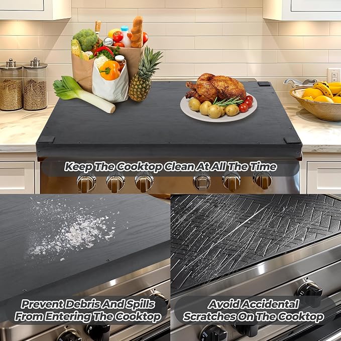 WOLKI Noodle Board Stove Cover for Stoves, Wooden Cover Built-in Handles | 30"L x 22"W x 2.4"Th Heavyweight Stove Top Cover For Gas Burners & Electric Stove, Serving Tray, Space Saver, Black