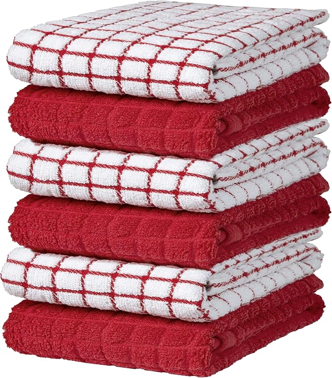 Bumble Kitchen Towels (6-Pack), 16"x28", 100% Cotton Dish Towels - Red | 380 GSM | Soft kitchen hand towels , Highly Absorbent & Durable Dish Towels for kitchen with Hanging Loop