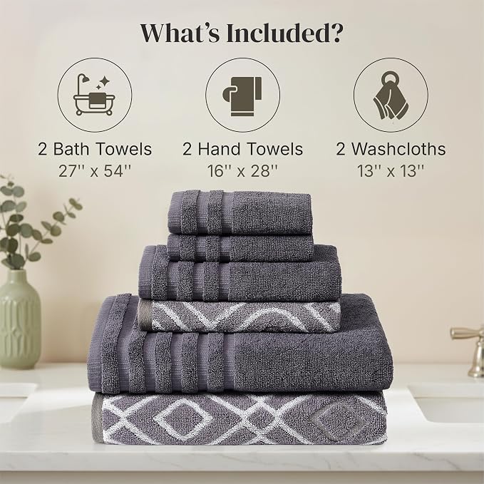 Modern Threads 6 Piece Bath Towel Set – Bathroom Set with 2 Bath Towels, 2 Hand Towels, and 2 Wash Cloths – 100% Cotton, Super Absorbent & Extra Soft – Reversible Classic Diamond (Purple)