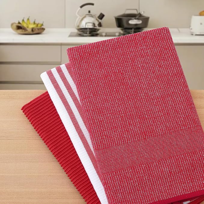 Homaxy Cotton 380 GSM Premium Kitchen Towels, 18"x 28", 3 Pack, Red | Soft and Absorbent Terry Dish Towels, Multipurpose Tea Towel Set with Hanging Loop, 3 Styles Kitchen Hand Towels