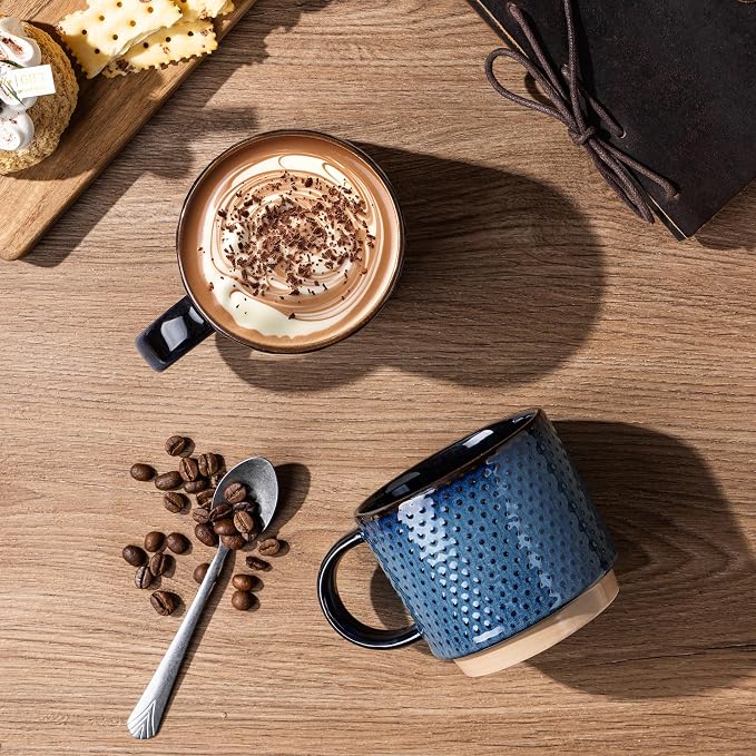 GBhome 12 OZ Stackable Coffee Mugs Set of 6, Ceramic Coffee Cups Set | 3 Assorted Designs, Embossed Mugs with Texture Patterns for Tea/Coffee, Dishwasher&Microwave Safe, Deep Sea