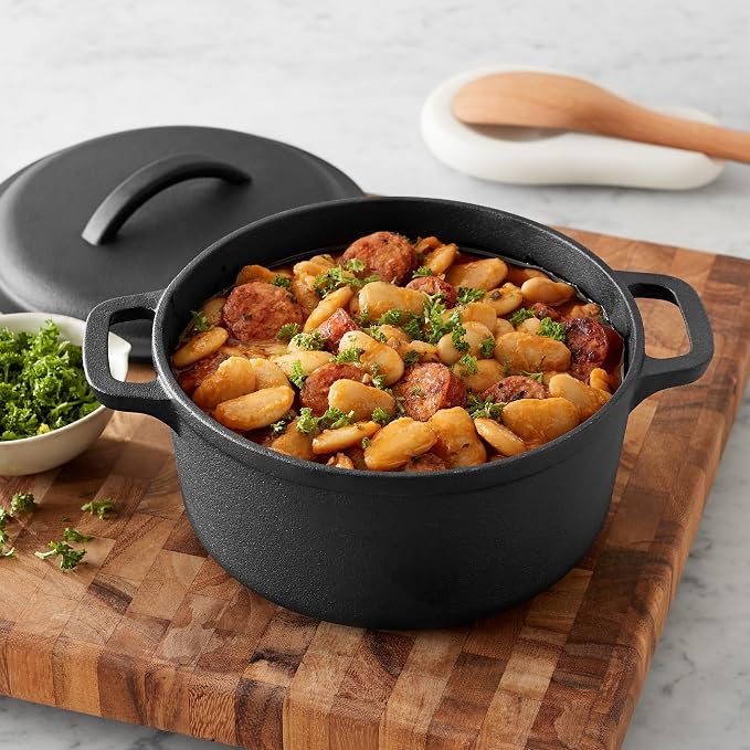 Amazon Basics Pre-Seasoned Cast Iron Mini Dutch Oven Pot with Lid and Dual Handles, Oven Safe, 2-Quart, Round, Black