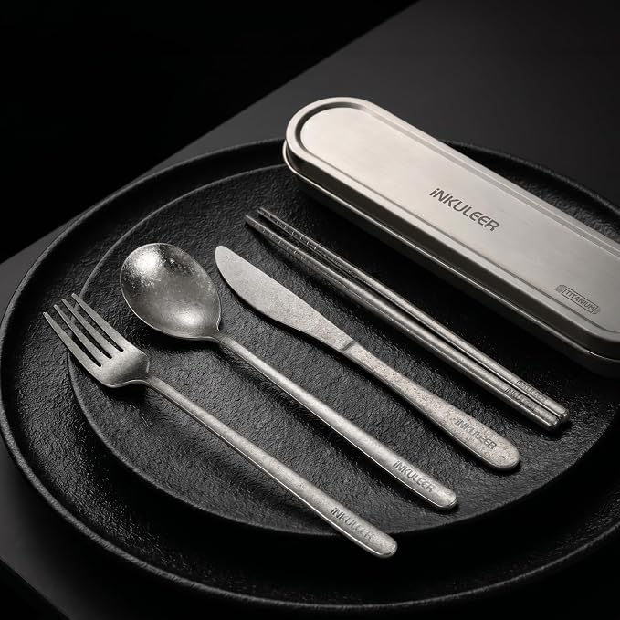 iNKULEER 100% Pure Titanium Travel Cutlery Set | Reusable Utensils with Metal Case | Portable Silverware for Camping, Office, Travel & Outdoor Dining