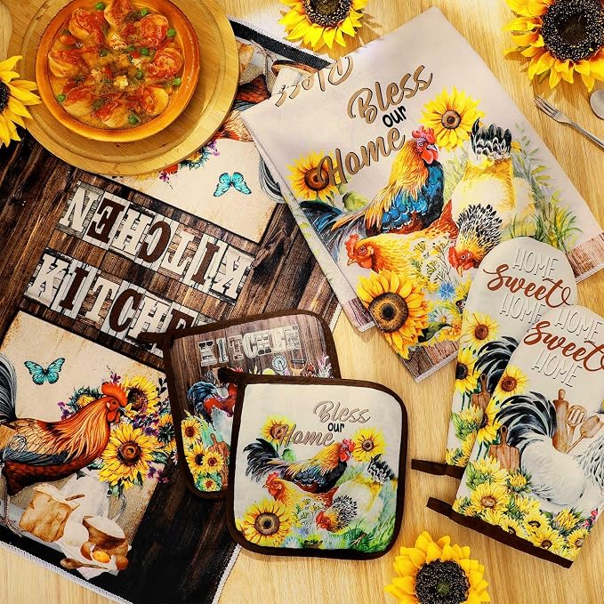 Leinuosen 6 Rooster Sunflower Farmhouse Kitchen Decor Dish Towels Oven Mitts and Pot Holders Sets Chicken Kitchen Towels Absorbent Decorative Accessories for Cooking Baking Grilling