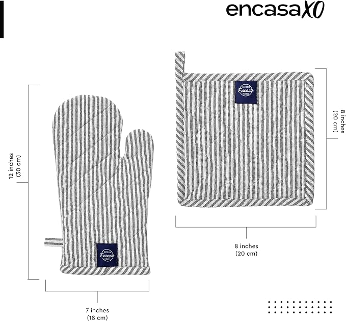 Encasa XO Oven Mitts and Pot Holders Set, Heat Resistant Cotton | Ticking Black, Diamond Quilted | Non-Slip Grip | Microwave & Oven Safe | Hanging Loop | Machine Washable | Set of 2