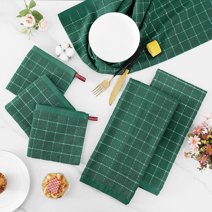 Homaxy Kitchen Towels and Dishcloths Set, Set of 12, Dark Green | Bulk Cotton Terry Kitchen Towels, Checkered Designed, Soft and Super Absorbent Dish Towels, 12 x 12 and 13 x 28 Inches