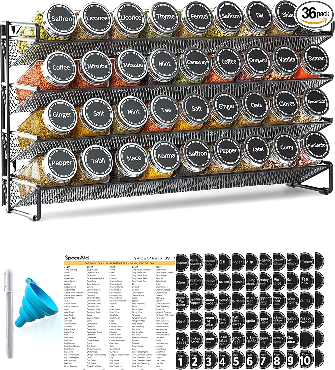 SpaceAid Spice Rack Organizer with 36 Spice Jars, 386 Spice Labels, Chalk Marker and Funnel Set for Cabinet, Countertop, Pantry, Cupboard or Door & Wall Mount - 36 Jars, 17.2" W × 10.8" H, Black