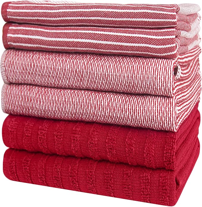 Premium Kitchen Towels 6 Pack 100% Cotton, 20"x28" Dish Towels - Red | Large Flat & Terry Kitchen Linen Set with Hanging Loops, Highly Absorbent for Washing and Drying Dishes