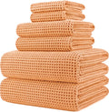 POLYTE 430 GSM Poly Blend Microfiber Quick Dry Waffle Bath Towel Set of 6 | 2-Body Towels, 2-Hand Towels, 2-Wash cloths, Oversize, Lint Free