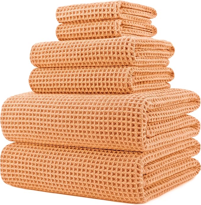 POLYTE 430 GSM Poly Blend Microfiber Quick Dry Waffle Bath Towel Set of 6 | 2-Body Towels, 2-Hand Towels, 2-Wash cloths, Oversize, Lint Free