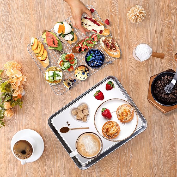 Homikit Quarter Sheet Pan with Wire Rack (2 Baking Sheet+2 Rack), 12" x 10" | Stainless Steel Quarter Baking Tray with Grid Cooling Rack for Toaster Oven Roasting, Metal Bacon Cookie Pan, Dishwasher Safe