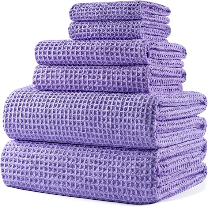 POLYTE 430 GSM Poly Blend Microfiber Quick Dry Waffle Bath Towel Set of 6 | 2-Body Towels, 2-Hand Towels, 2-Wash cloths, Oversize, Lint Free