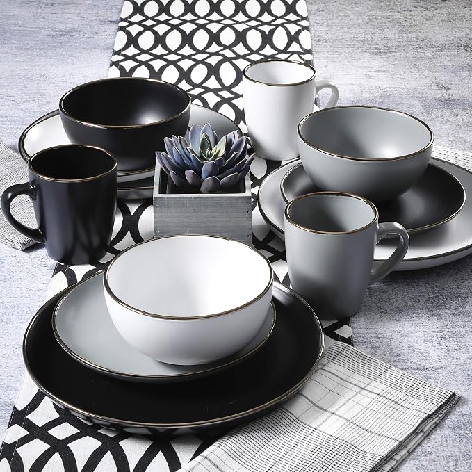 Gibson Home Rockaway 16-Piece Round Stoneware Dinnerware Set, Service for 4 – Grey with Gold Rim Plates and Bowls, Microwave & Dishwasher Safe