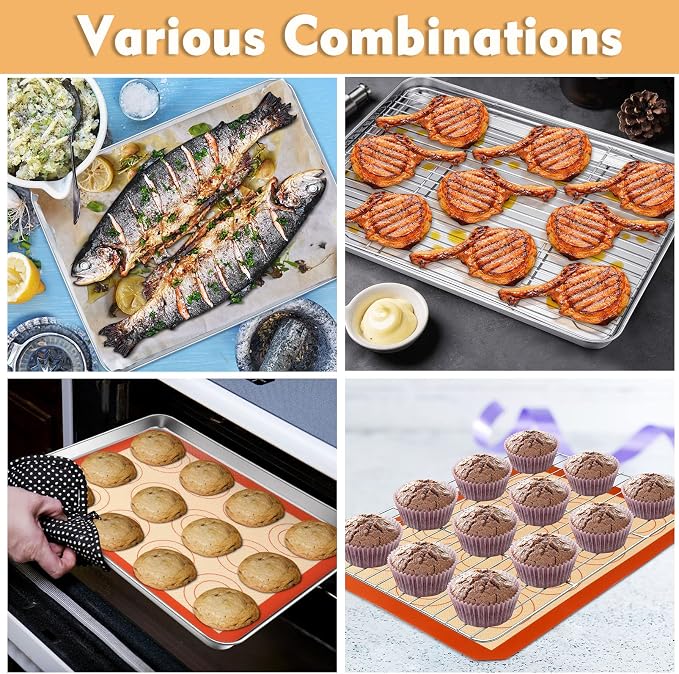 P&P CHEF 12.5 Inch Baking Sheet Pan Cooling Rack with Mat Set for Cookie | Stainless Steel Cookie Pan with Cooling Rack and Silicone Mat for Baking & Roasting, Oven & Dishwasher Safe, Easy Clean