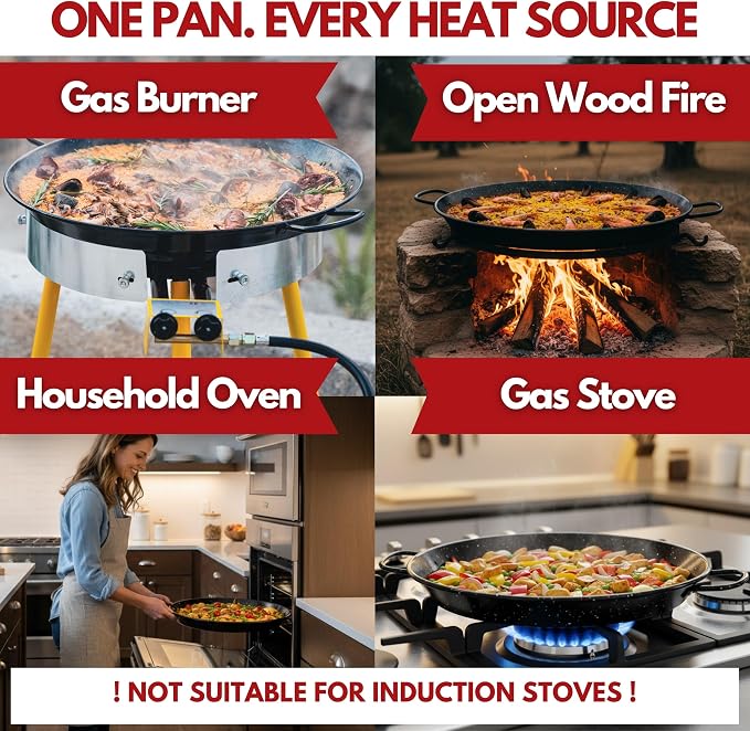 Paelluxe Paella Pan Enameled No-Rust Steel Skillet - 22 Inch, 16 Servings | Outdoor Propane Burner Only - Too Wide for Kitchen Stoves & Ovens. 1.2mm Carbon Steel, Easy-Clean Enamel, Handle Holders