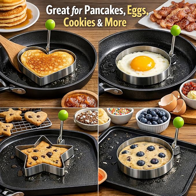 Pancake & Egg Mold Set – 5 Stainless Steel Shapes for Kids Breakfast Non‑Stick Egg Rings for Frying Eggs, Omelets & Mini Pancakes Heart, Star, Flower, Circle & Mouse Heat‑Safe, Dishwasher Safe