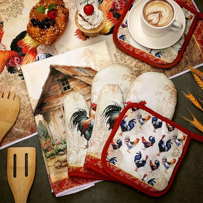 Leinuosen 6 Rooster Farmhouse Kitchen Decor Dish Towels Oven Mitts and Pot Holders Sets Chicken Kitchen Towels Absorbent Decorative Accessories for Cooking Baking Grilling