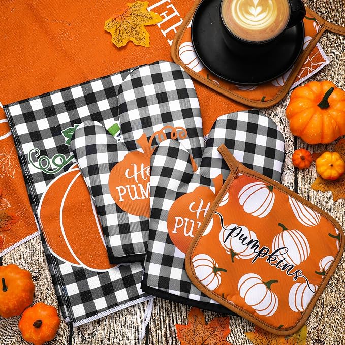 Leinuosen 6 Pack Fall Thanksgiving Kitchen Set with 2 Hello Pumpkin Dish Towels, 2 Pot Holders and 2 Buffalo Plaid Oven Mitts for Gifting, Baking and Cooking
