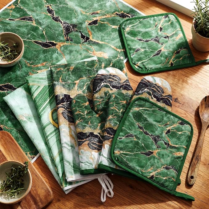 Leinuosen 8 Pcs Green and Gold Marble Kitchen Towels and Dishcloths Sets Oven Mitts and Pot Holders Absorbent Kitchen Gloves Potholders Heat Resistant for Chef Baking Cooking