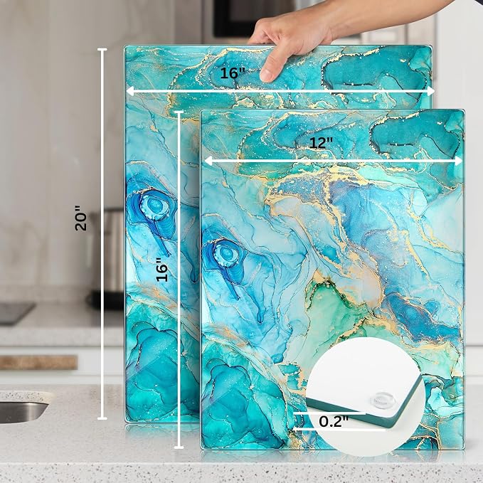 Glass Cutting Board 20”x16”: Tempered Glass Kitchen Counter Protector - Durable- Scratch-Resistant, Heat-Proof - Design 9 - Teal Ocean