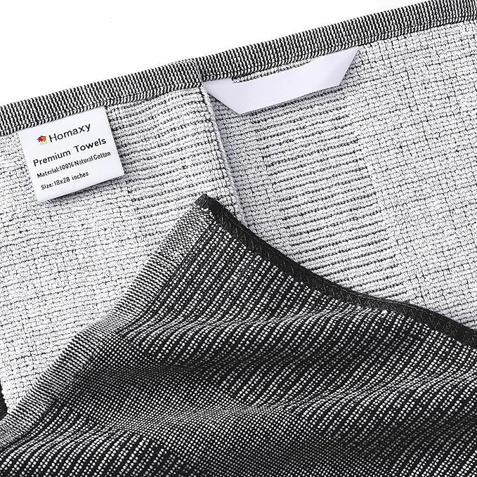Homaxy 380 GSM Cotton Premium Kitchen Towels 12 Pack, 18"x 28", Black | Flat and Terry Dish Towels, Highly Absorbent Tea Towel Set with Hanging Loop, Soft Utility Kitchen Hand Towels