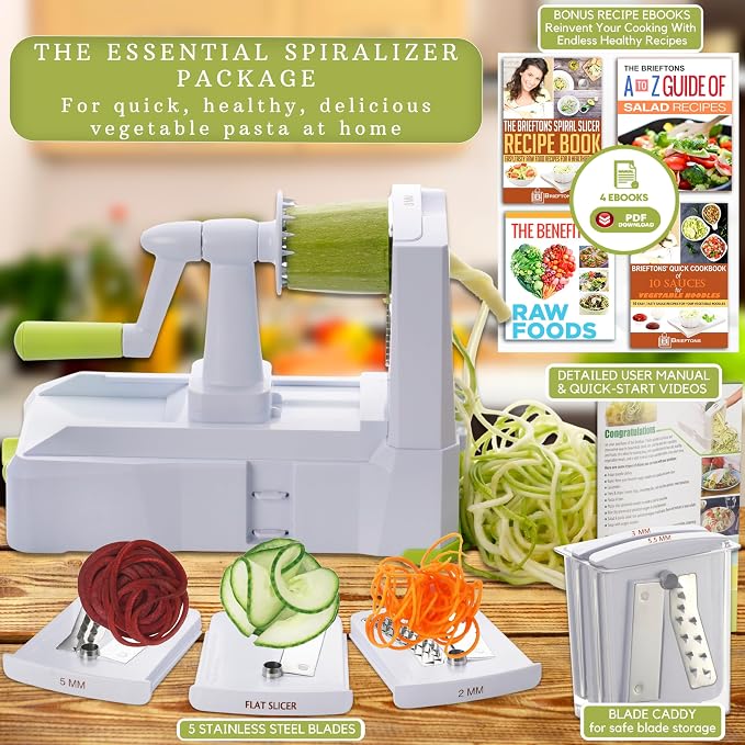 Brieftons 5-Blade Vegetable Spiralizer & Veggie Noodle Maker: Japanese 420-Grade Steel Blades for Zucchini Pasta, Sweet Potato & Beet Noodles, Strong Suction Pad, 4 Recipe eBooks | Keto Vegan Paleo