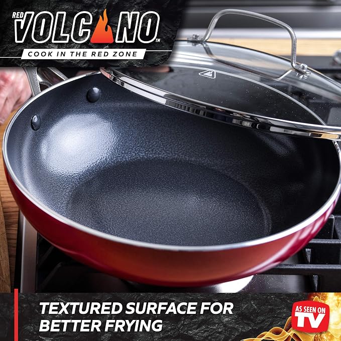 Textured Ceramic Nonstick, 11" Flat Bottom Wok Stir-Fry Pan with Lid for High Heat Cooking, Oven & Broiler Safe to 600 Degrees, Dishwasher Safe, PFAS PFOA & PTFE Free, Red